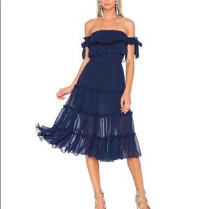 MISA Micaela navy off shoulder tired midi dress M